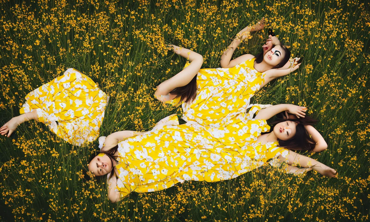 Image similar to beautiful Asian woman lying in a field of wildflowers, wearing a yellow and white sun dress, medium close, dreamy