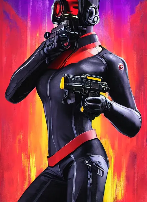 Prompt: beautiful cyberpunk female athlete wearing black jumpsuit and red jacket while firing a futuristic yellow belt fed automatic pistol. ad poster for pistol. cyberpunk poster by james gurney, azamat khairov, and alphonso mucha. artstationhq. gorgeous face. painting with vivid color, cell shading. ( rb 6 s, cyberpunk 2 0 7 7 )