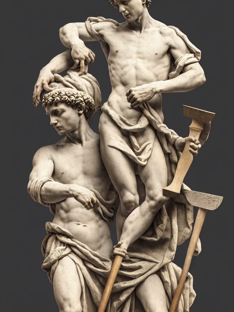 Prompt: a full body image of a young michelangelo wearing renaissance peasant clothing carving a statue with mallet and chisel. photorealistic, hyperdetailed, studio lighting, octane render, caustics