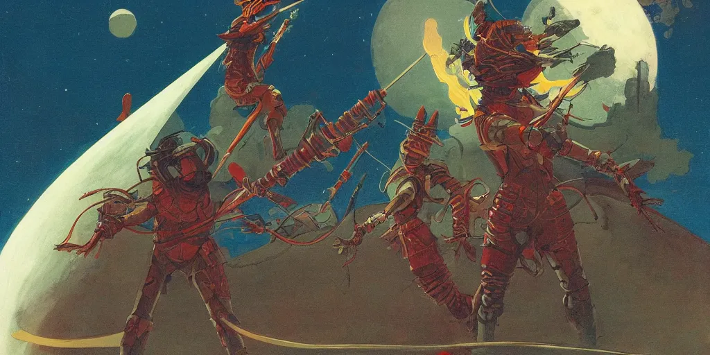 Image similar to on a strange vintage scifi planet, a samurai wizard warrior goddess with sword attacks an extraterrestrial spaceship, winslow homer, moebius, roger dean, artstation