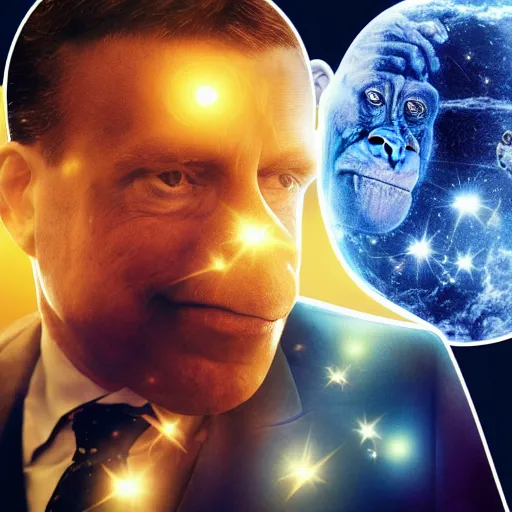 Image similar to double exposure portrait split in the middle, showcasing one astronaut and one chimpanzee in a suit posing with space in the background, pencil art, high definition, dynamic lighting stars, sharpness, golden ratio