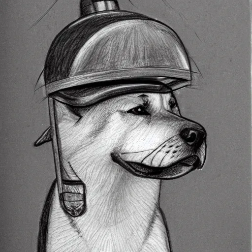 Image similar to A drawing of a Shiba Inu dog wearing a soldier's helmet, color