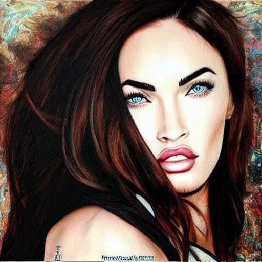 Image similar to “Megan Fox acid paints paintings, ultra detailed portrait, 4k resolution”