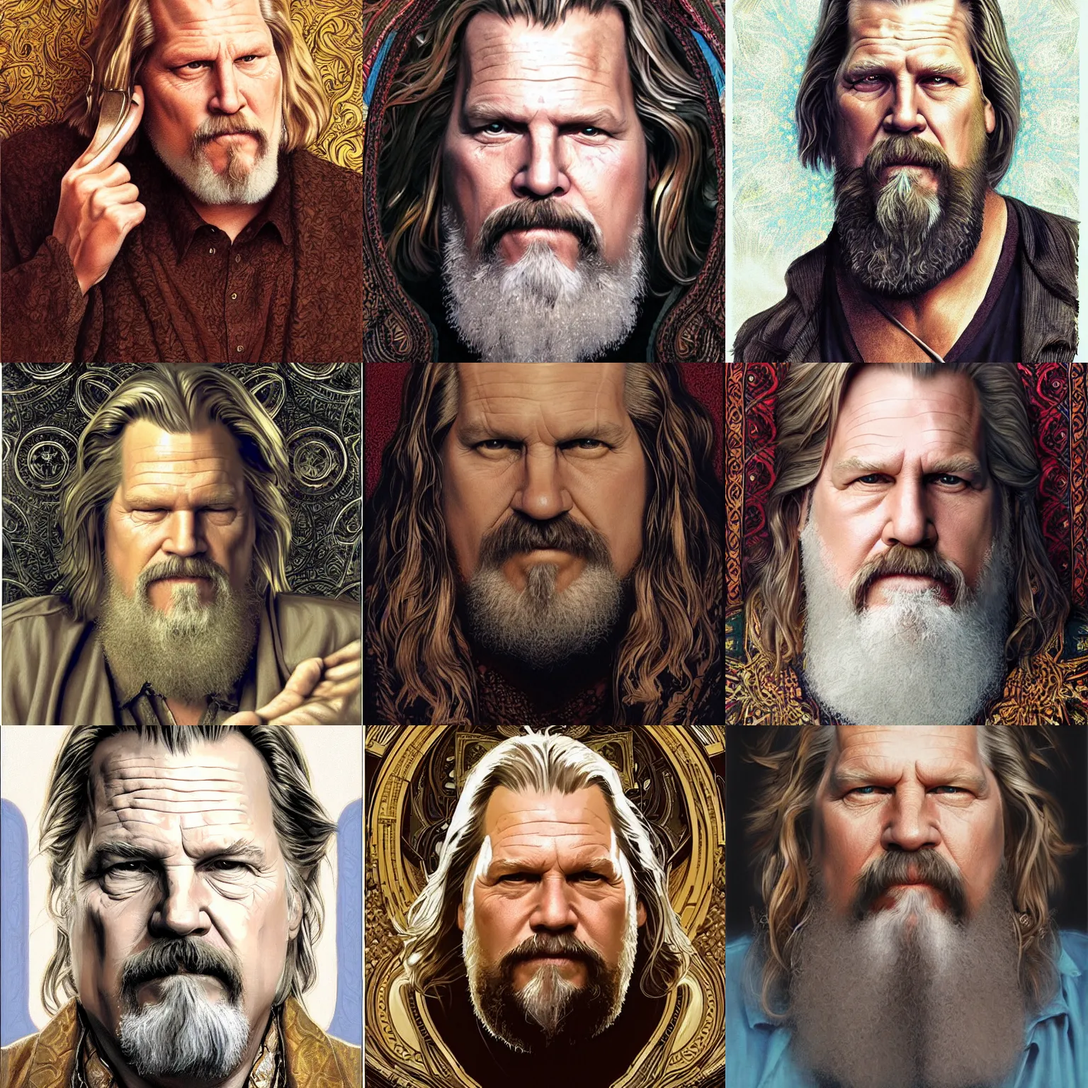 Prompt: portrait of the dude from big lebowski jeff bridges, deep focus, rug, fantasy, intricate, elegant, highly detailed, digital painting, concept art, matte, sharp focus, illustration, art by artgerm and greg rutkowski and alphonse mucha