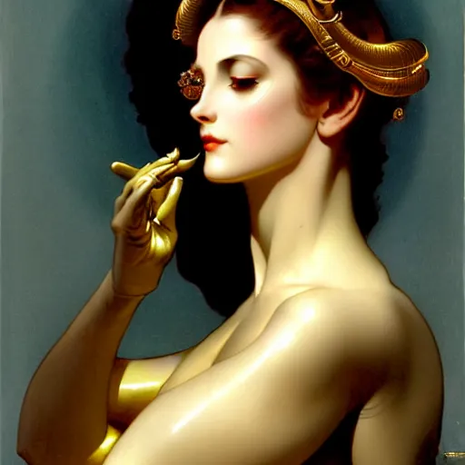 Prompt: android with metallic skin, ornate, regal, digital illustration, concept art, by Rolf Armstrong and William-Adolphe Bouguereau