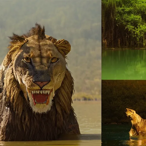 Image similar to found footage of a giant crocodile and a lion from a murky lake, high temperature, cinematic lighting, focused eyes, apex predator standoff