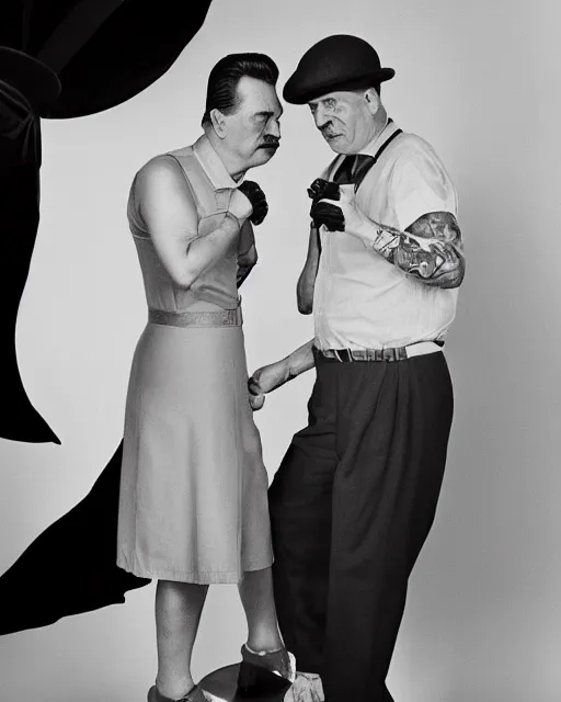 Prompt: 35mm macro photograph of Stalin and Churchill, flirting expression, wearing a camisole, vibrant high contrast, octane, arney freytag, Fashion photo shoot,, glamorous, tattoos,shot in the photo studio, backlit, rim lighting, 8k