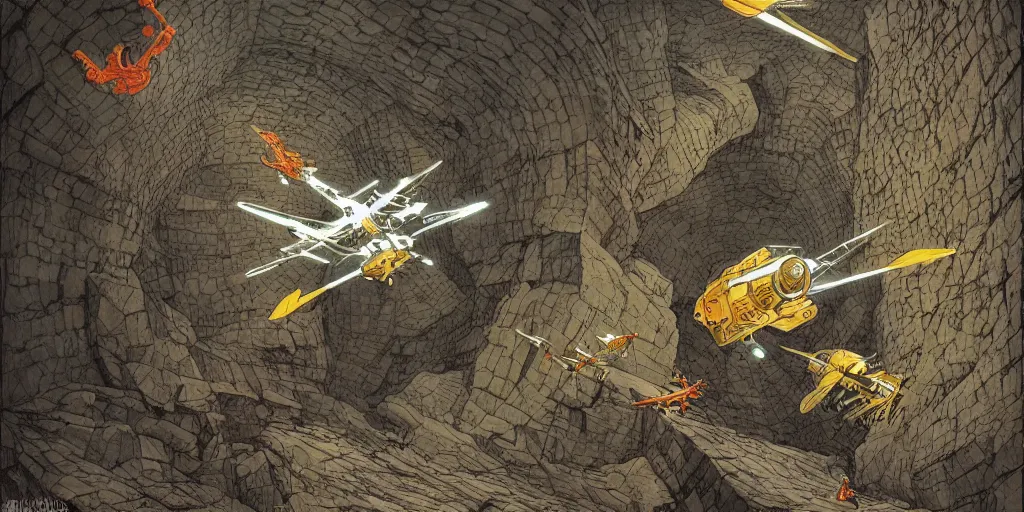 Image similar to ultra detailed space fighter drone flying through a mining cave, by Escher and Moebius and Mohrbacher