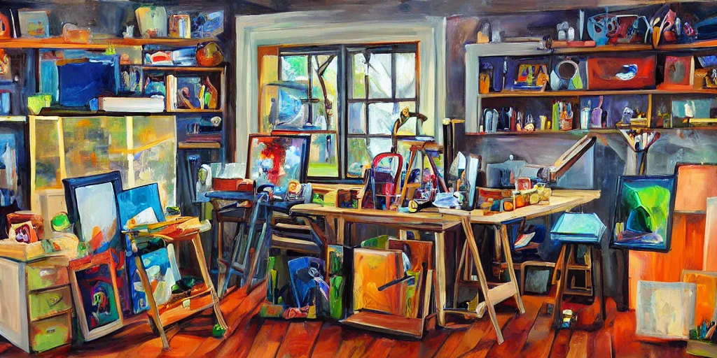 Image similar to artist painter workplace with tools and paints, art style by bryen frost