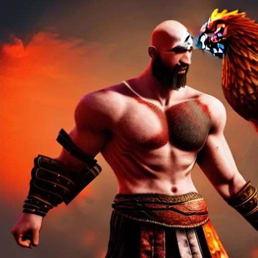 Prompt: screenshot of Kratos with a chicken head, volumetric lighting, high detail, 4k, warm toned gradient background