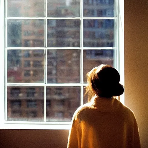 Image similar to “ a girl holding a cup of coffee looking out a window overlooking the east village in new york city, morning light, by hayao miyazaki ”