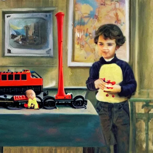 Image similar to alfredo perez rubalcaba playing with train toys