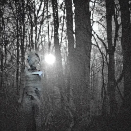 Image similar to grainy trail cam photo still of an alien in the woods at night hiding in the trees of a forest