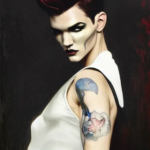 Image similar to stunning portrait of androgynous ruby rose as desire from sandman in a white tuxedo!!!, rockabilly style, by frank moth, by alphonse mucha, by jeremy mann, by peter lindbergh, dave mckean, white suit and black tie, soft lightning, high detailed, 8 k