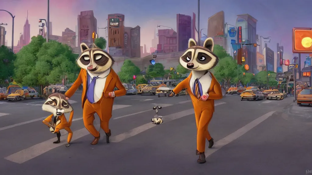 Image similar to An anthropomorphic raccoon businessman is walking down a busy crosswalk at sunset, warm lighting with an orange glow blanketing the cityscape, zootopia, other anthropomorphic characters are walking by him, extremely detailed, HDR, sideview, solemn and moody, many cars and animal people in the background, detailed face and eyes, visible pupils, the ground is wet with many rain puddles, reflections from the water on the ground