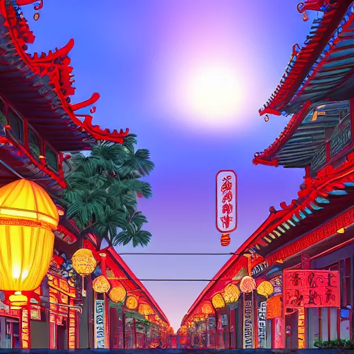 Prompt: A Chinatown full of flowers and tropical plants, with a sunset ,digital art, trending on artstation, HDR