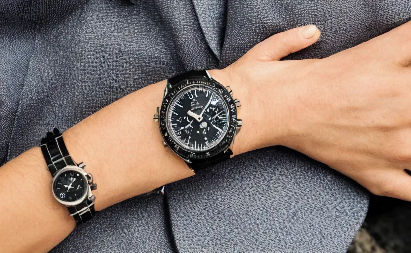 Image similar to omega speedmaster on the wrist of a lady with a wool suit in a cyberpunk city