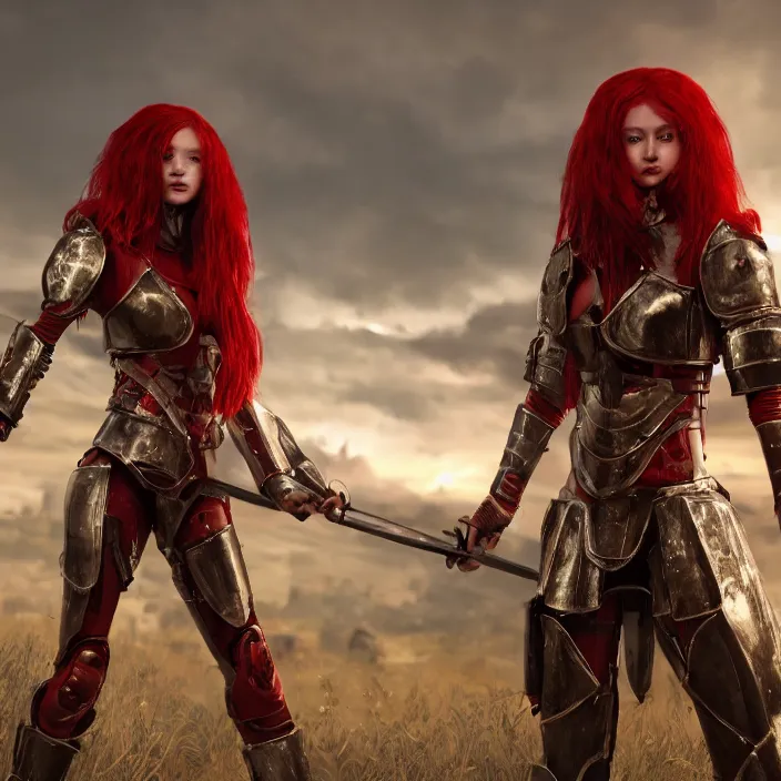 Image similar to a girl with a long red hair wearing a full-body red plate armor standing in a battlefield, anatomically correct, hyperrealistic, concept art, octane render, unreal engine 5, 8K HDR, highly detailed, high quality, fantasy armor