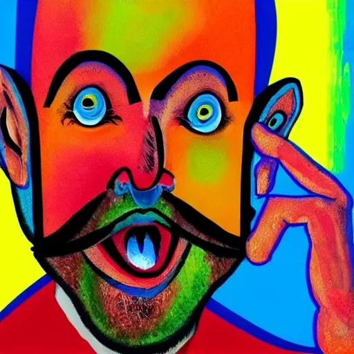 Image similar to colorful abstract painting of maniac bald man with brown beard stretching face with hands