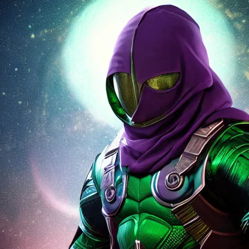 Image similar to mysterio in galaxy a 3 d render by zou yigui, trending on zbrush central,, rendered in cinema 4 d, rendered in maya, zbrush