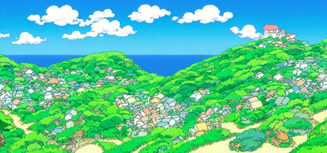 Prompt: studio ghibli hilly countryside and ocean