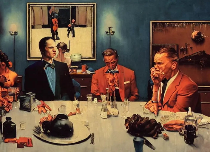 Prompt: a still from the movie godfather by of francis bacon and norman rockwell and james jean, a still from the movie thor : ragnarok, mark brooks, triadic color scheme, by greg rutkowski, syd mead and edward hopper and norman rockwell and beksinski, dark surrealism, orange and turquoise ans purple