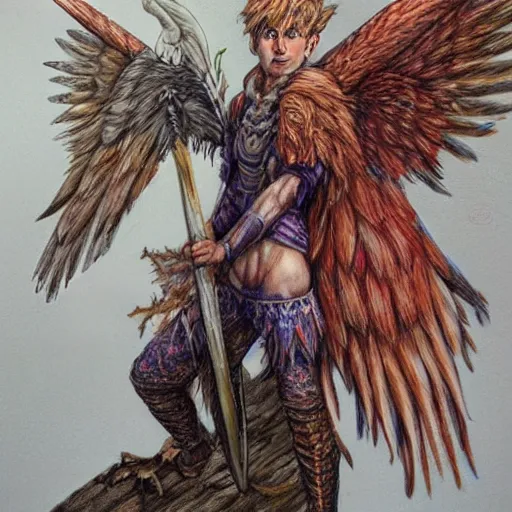 Image similar to hyper realistic color pencil drawing of a male fairy druid with hawk wings, D&D Art, detailed, rim light, diffused, intricate, axe, by anna dittmann