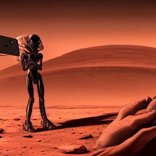 Image similar to alien taking a selfie on mars, dramatic lighting, cinematic, establishing shot, extremly high detail, photorealistic, cinematic lighting, artstation, style by James Gurney