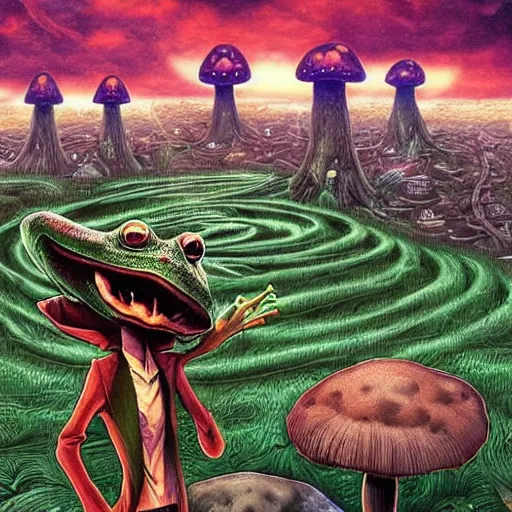 Image similar to A centered waist up portrait of a scary psychedelic godlike anthropomorphic frog smoking tobacco , magic mushroom village in background . award winning. superb resolution. in the art style of junji Ito and greg rutkowski . Detailed Mushroom city in background. Hyper realistic anime. Perfect art. Dalle2