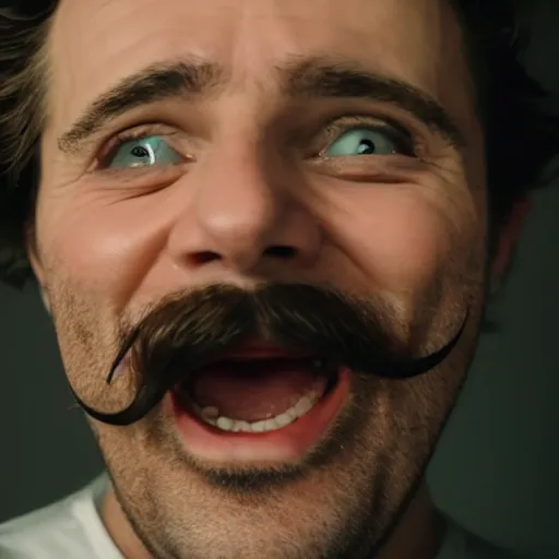 Prompt: Film still of a cackling man, bushy moustache, extreme close-up shot,