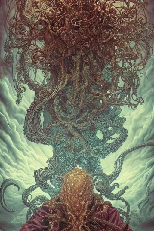 Prompt: cthulhu and a young chubby mexican man with curly hair, by artgerm and yoshitaka amano and moebius and hr giger and zdislaw beksinski and alphonse mucha, hyperdetailed, symmetry, glamour, surreal, dc comics, ornate, stunning, nebula, explosions in the sky, trending on artstation