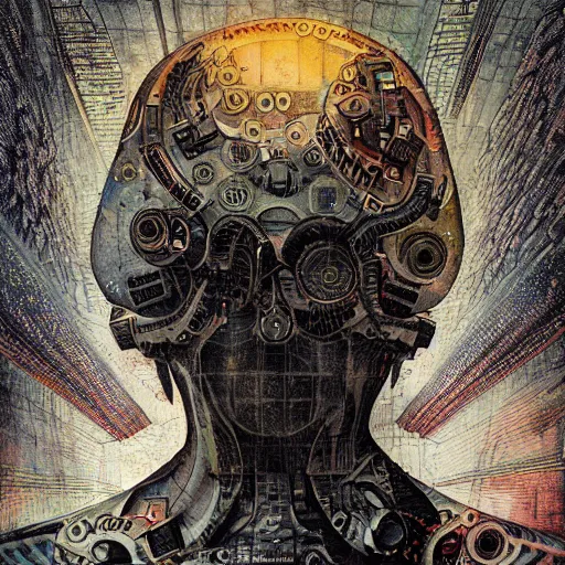 Prompt: Accelerationism technological subversion by Julie Dillon by Tim Bradstreet, bright tones, abstract