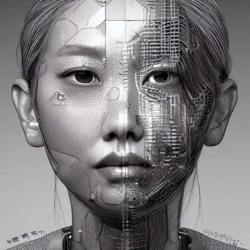 Prompt: hyperrealistic photograph of a highly detailed portrait of beautiful korean cyborg, jelly brain, in the style of jin kagetsu, wlop, chuck close, highly detailed, face symmetry, masterpiece, award winning, sharp focus, intricate concept art, ambient lighting, 8 k, artstation