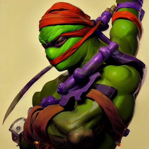 Image similar to Greg Manchess portrait painting of Donatello of TMNT as Overwatch character, medium shot, asymmetrical, profile picture, Organic Painting, sunny day, Matte Painting, bold shapes, hard edges, street art, trending on artstation, by Huang Guangjian and Gil Elvgren and Sachin Teng