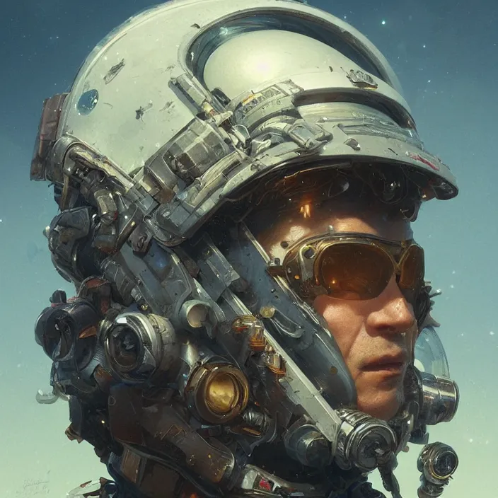 Image similar to a head and shoulders portrait of a space pirate, neon, retro, steampunk, smooth, sharp focus, intricate, artstation, detailed concept art by Greg Rutkowski and Norman Rockwell and Sky Sewa