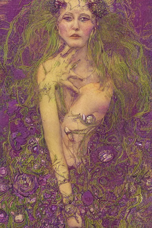 Image similar to portrait of beautiful gothic young mainem, thunderstorm, cyber armor, a lot of scars, more and more flowers, purple head, the middle ages, highly detailed, artstation, illustration, art by jean delville, 8 k quality, art by greg gandy and dragan bibin, gustav klimt