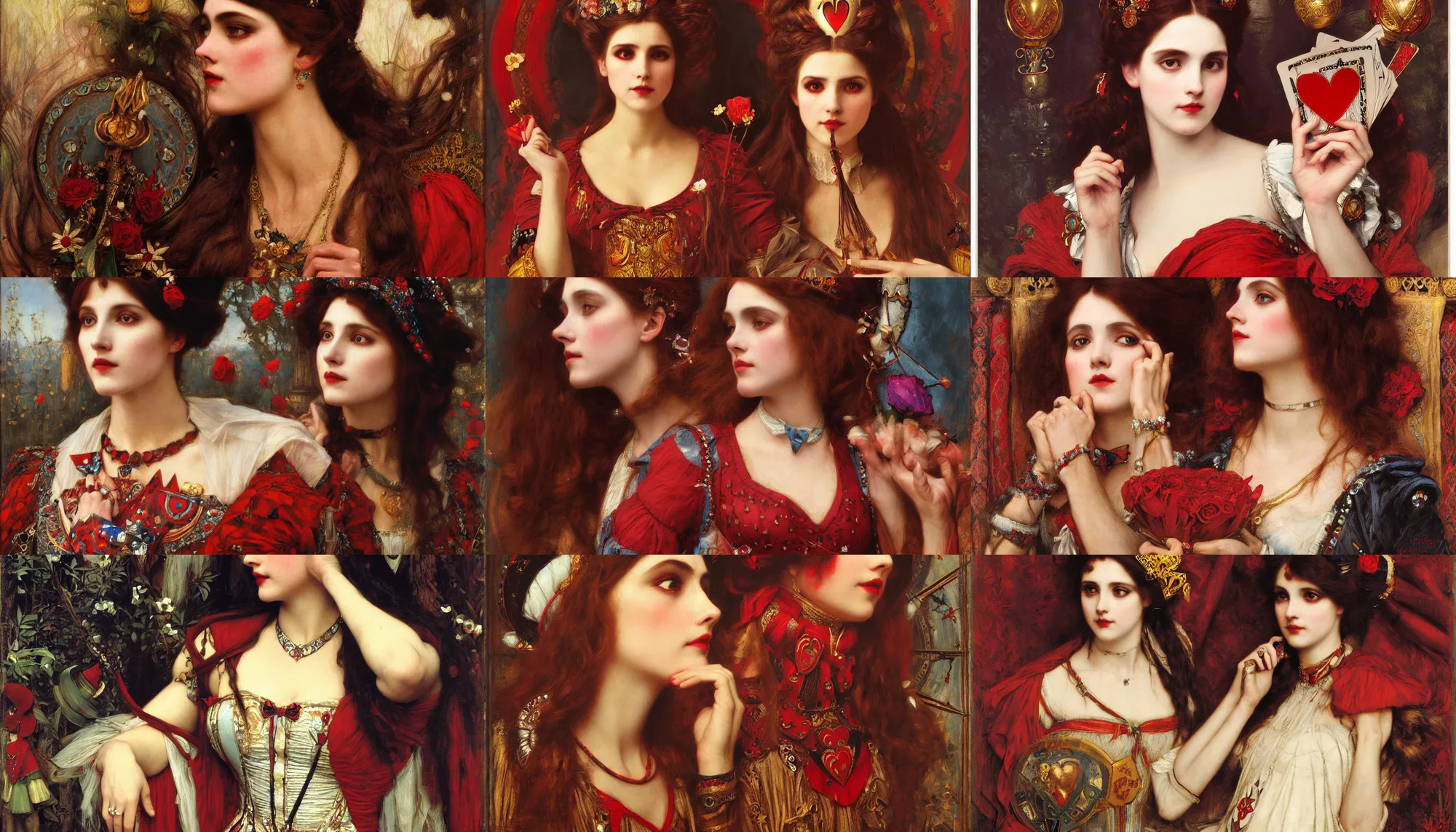 Prompt: 'queen of hearts' from 'alice in wonderland', intricate portrait by john william waterhouse and Edwin Longsden Long and Theodore Ralli and Henryk Siemiradzki, very coherent symmetrical artwork. Cinematic, hyper realism, high detail 8k