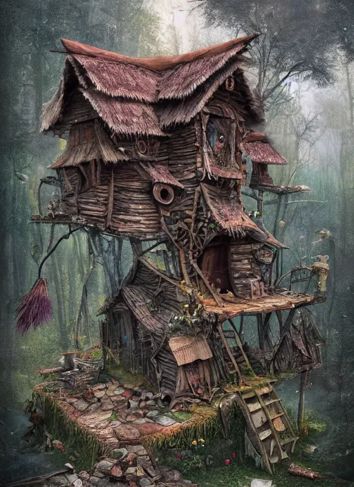 Prompt: highly detailed matte painting of the baba yaga witch's shack on top of on tall chicken legs with feet so it can walk around, in the mountain woodlands, witch with her broomstick, 8 k resolution, by android jones