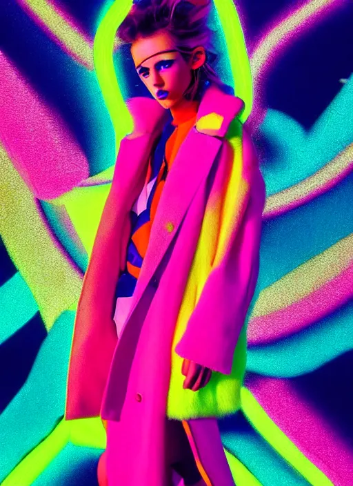 Image similar to stylish coat for a rave, bright colors, many details, prints, photo for a magazine, photo for a store, fashion photography, Vogue, 135 mm, cinematic, hyper realism, high detail, octane render, 8k, chrome accents, very coherent symmetrical artwork, perfect face model, full length photo, Upper and lower body, even skin tone,Soft shadows on the face