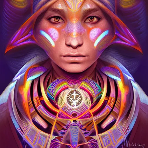 Image similar to portrait of a future metaverse Ayahuasca tech shaman warrior, 2D cartoon, visionary art, symmetric, Magick symbols, holy halo, shipibo patterns, sci-fi, concept art, trending on art station, 8k digital art, by Mandy Jurgens, fantasy art