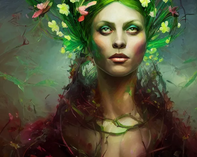 Prompt: spring, green, colorful flowers, flora detailed portrait painting of irreconcilable personification by anato finnstark, noah bradley, raymond swanland, and steven belledin, cinematic lighting, highly detailed, digital painting, trending on artstation, pixiv, concept art, sharp focus, illustration