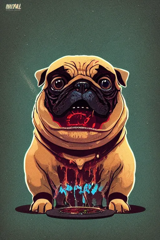 Image similar to demon pug eating flesh. art by mike winkelmann, sticker, illustration, highly detailed,