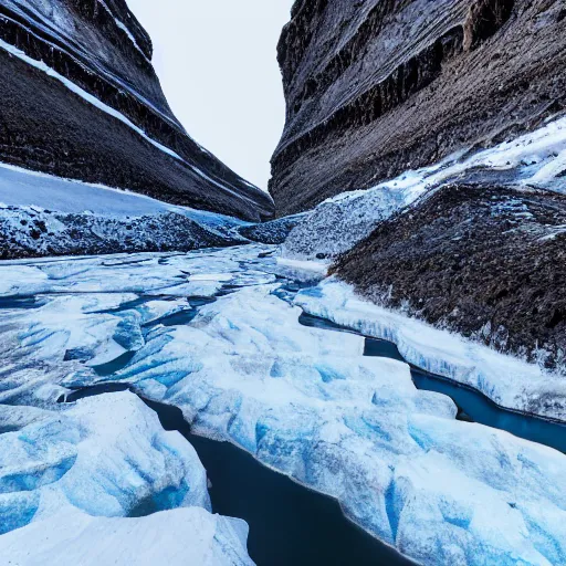 Image similar to a canyon in iceland with a frozen river at the bottom.