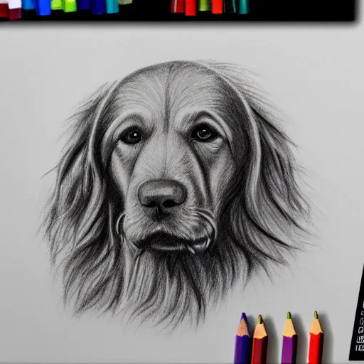 Prompt: finished 1 0 0 0 years old cave man drawing of a golden retriever, crayons. high details, photorealistic, artstation trending
