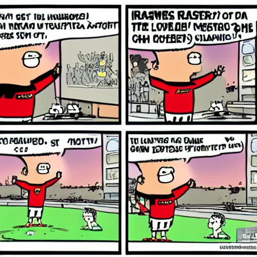 Image similar to a 4 panel cartoon of dilbert watching soccer and raging,