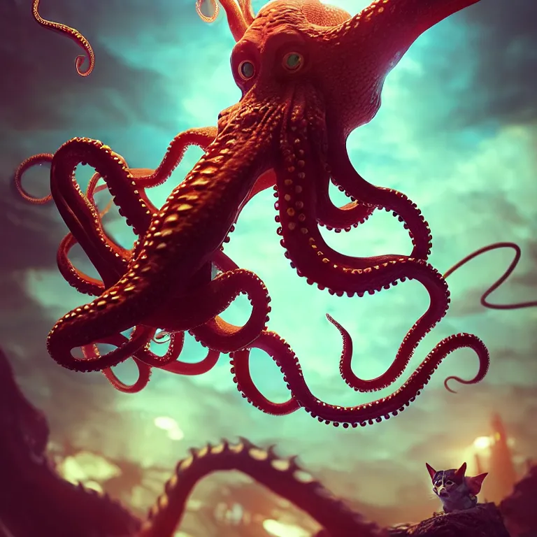 Prompt: octopus with cat ears and dragon wings, artwork by Tooth Wu and wlop and beeple. octane render, trending on artstation, greg rutkowski very coherent symmetrical artwork. cinematic, hyper realism, high detail, octane render, 8k