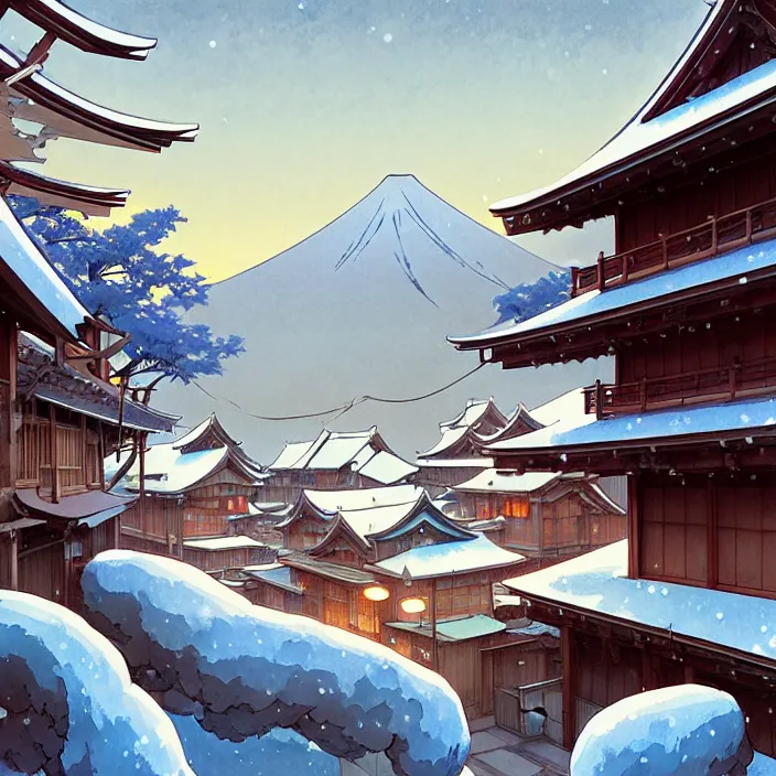 Image similar to japanese rural town, winter, in the style of studio ghibli, j. c. leyendecker, greg rutkowski, artem