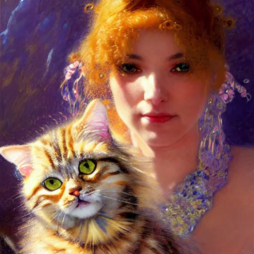 Image similar to portrait of a furry fluffy female tabby cat in a cute floral dress. shadowrun furaffiniy cyberpunk fantasy highly detailed painting by gaston bussiere craig mullins jc leyendecker gustav klimt artgerm greg rutkowski john berkey, bergey, craig mullins, ruan jia, raymond swanland, jeremy mann, tom lovell, alex malveda