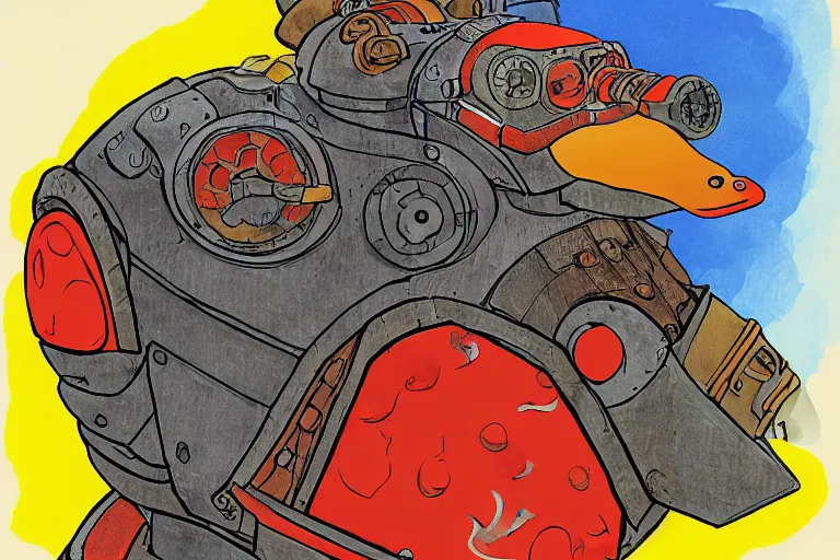 Image similar to illustration of a heavily armoured mechanical duck by studio ghibli, ominous, vivid colors, colorful