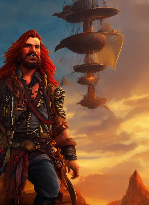 Prompt: an epic fantasy comic book style portrait painting of a long haired, red headed male sky - pirate in front of an airship in the style of disney, unreal 5, daz, hyperrealistic, octane render, cosplay, rpg portrait, dynamic lighting